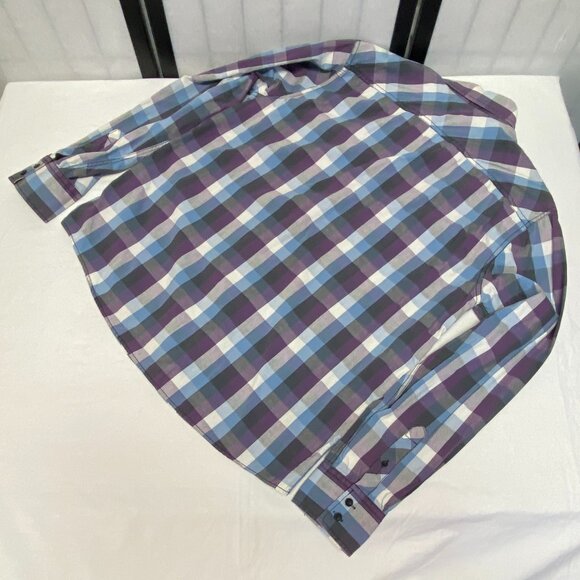 Eighty Eight Long Sleeve Collared Button Up Flap Pocket Plaid Shirt Purple Blue - Picture 10 of 11